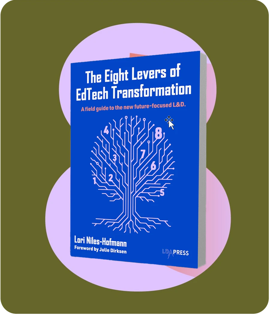 The book’s cover on an olive figure-eight tile. The Eight Levers of EdTech Transformation: a field guide to the new future-focused L&D. Lori Niles-Hofmann, foreword by Julie Dirksen, LDA Press.